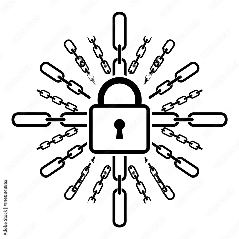 Poster padlock surrounded by chains symbolizes security protection and data encryption
