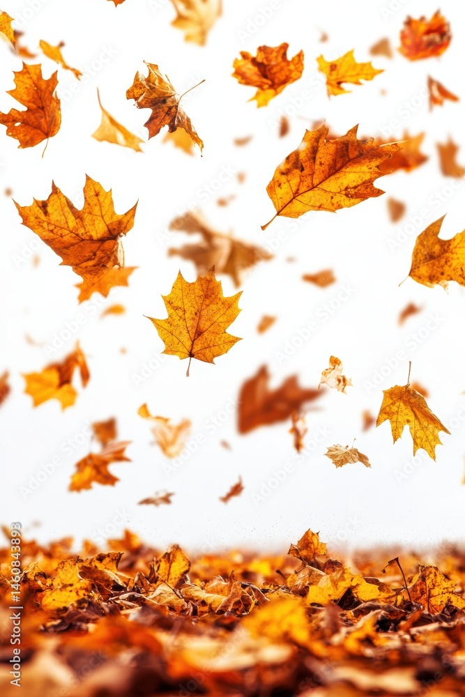 Poster autumn leaves falling on ground in a low angle view with a white background showcasing the vibrant c