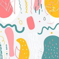 Playful abstract pattern background featuring colorful shapes and brush strokes for creative designs and projects