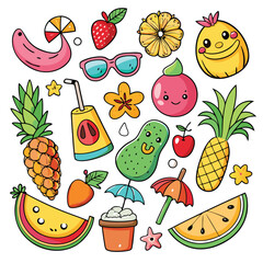 Cute Summer Fruits and Drinks Doodle Illustration