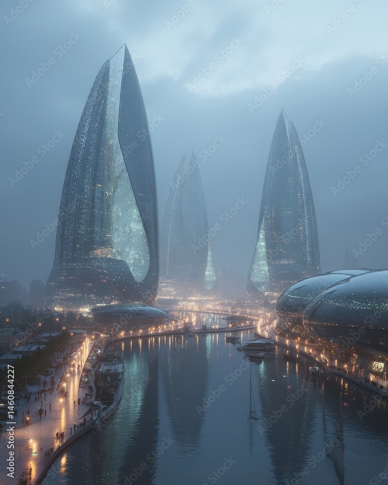 Poster futuristic cityscape view of baku azerbaijan with flame towers and waterfront architecture on a fogg