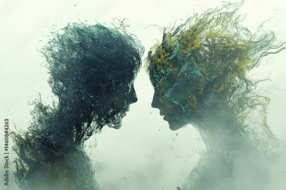 Poster abstract faces in profile touching with energy and light in artistic style digital art