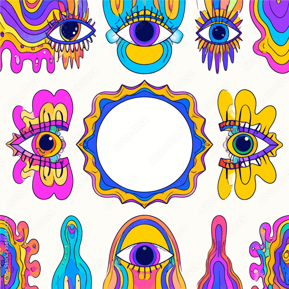 Poster psychedelic art featuring colorful eyes and abstract shapes for a vibrant background design or templ