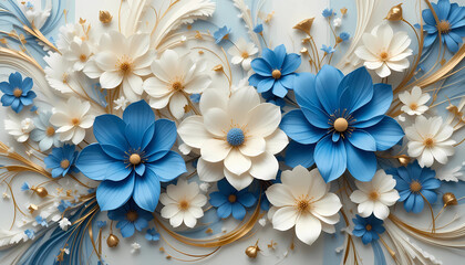 3D Paper Flower Background with Cream and Blue Floral Decoration on Blue Backdrop
