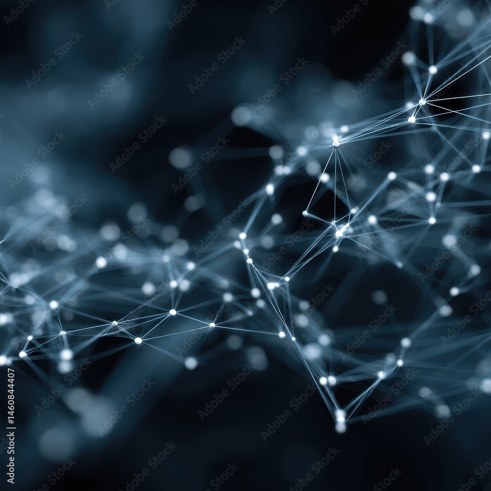 Fototapete Abstract network connection structure with glowing nodes and lines on a dark background close up shot for technology concept