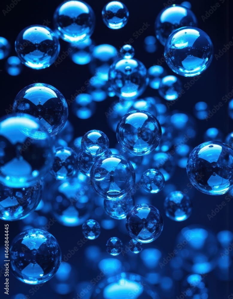 Poster blue bubbles floating in a dark background, creating a mesmerizing visual effect