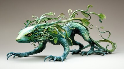 Obraz premium A fantastical creature with leafy vines and scales, poised in a dynamic stance against a neutral backdrop
