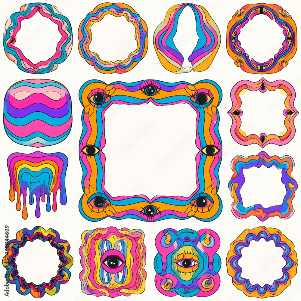 Aufkleber psychedelic art frames collection with vibrant colors and surreal shapes for creative design project