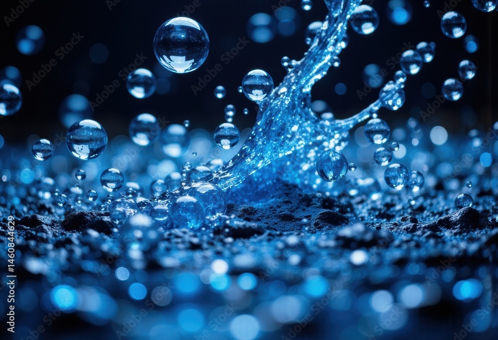 Poster water droplets splashing in a vibrant blue background, creating a dynamic scene