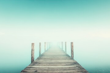 Misty wooden pier extending into tranquil water