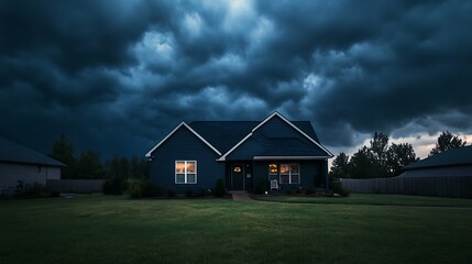 Stormy night over a residential home.