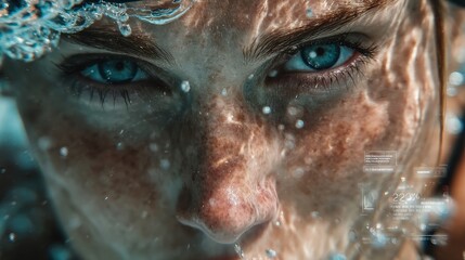 Stunning close-up of a woman's face featuring striking blue eyes underwater, illuminated by soft reflections of light