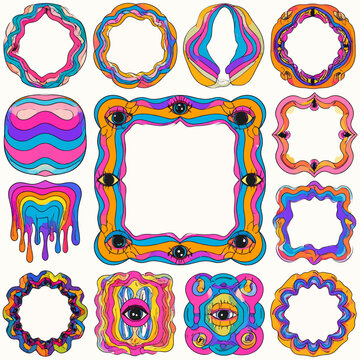Psychedelic art frames collection with vibrant colors and surreal shapes for creative design projects and unique visual appeal