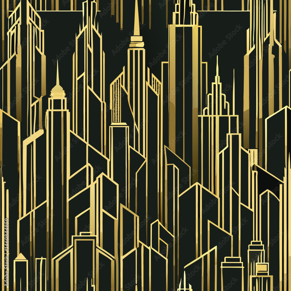 Poster abstract skyline seamless vector pattern in thin metallic gold outline
