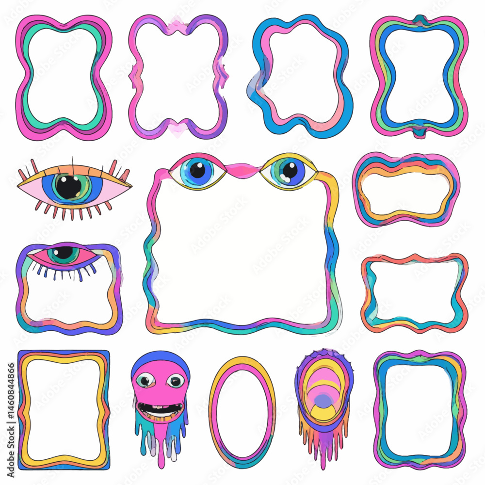 Aufkleber psychedelic doodle frame set with funky cartoon characters and retro borders for creative design pro