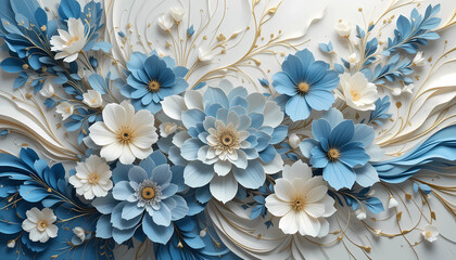 3D Paper Flower Background with Cream and Blue Floral Decoration on Blue Backdrop
