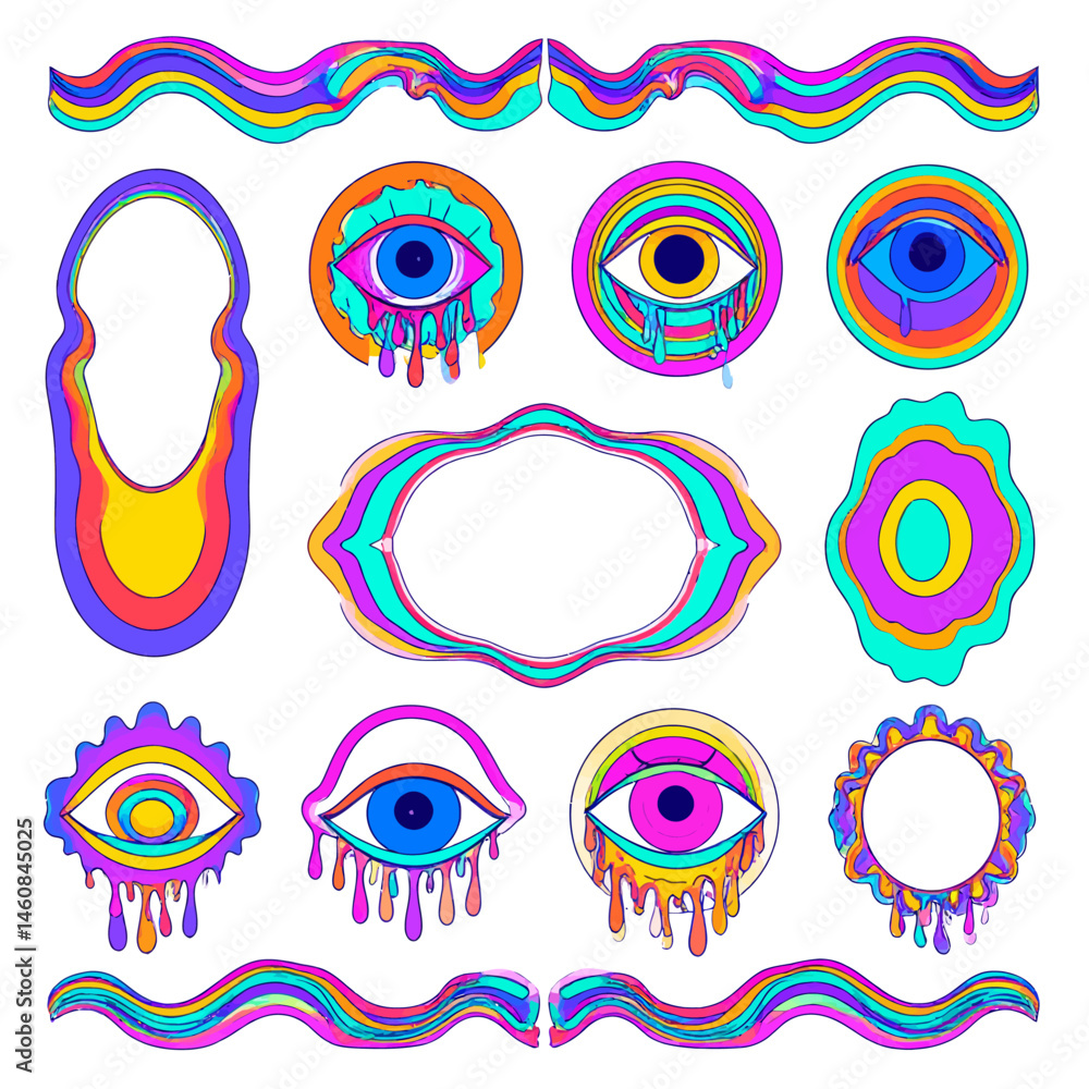 Poster psychedelic elements collection with eyes and frames for retro designs and groovy illustrations perf