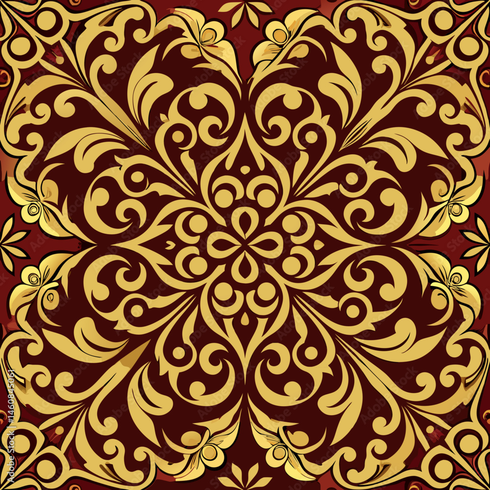 Poster ornate baroque-style seamless vector pattern with swirls on red background