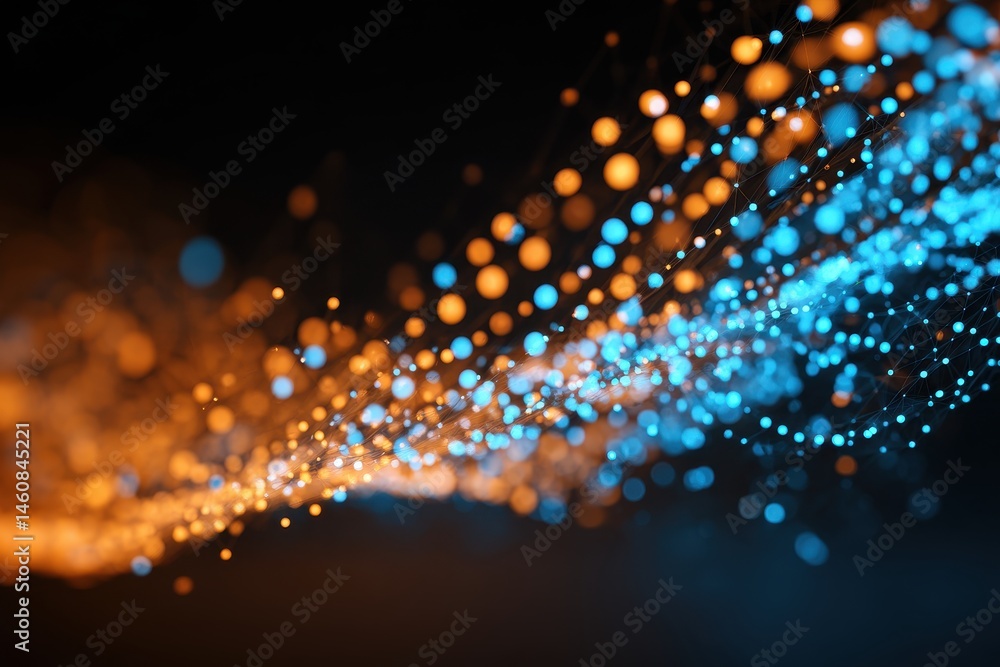 Poster Abstract Data Stream Visualization with Orange and Blue Glowing Particles on Dark Background Futuristic Network Concept