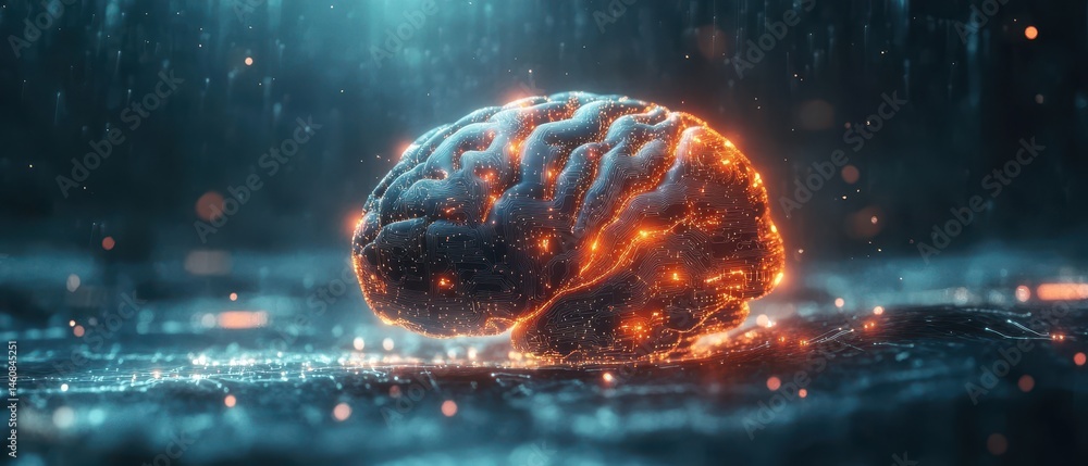 Poster Glowing Digital Brain on Circuit Board Background Close Up Artificial Intelligence Concept Neural Network Technology