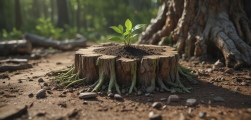 Fototapeta premium Delicate green seedling pushing through weathered stump , flora, stem, contrast