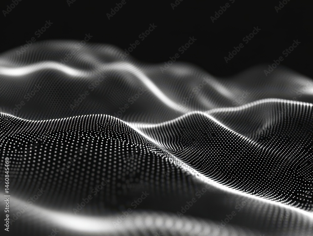 Poster Abstract particle wave flowing in dark space monochrome futuristic design close up concept background