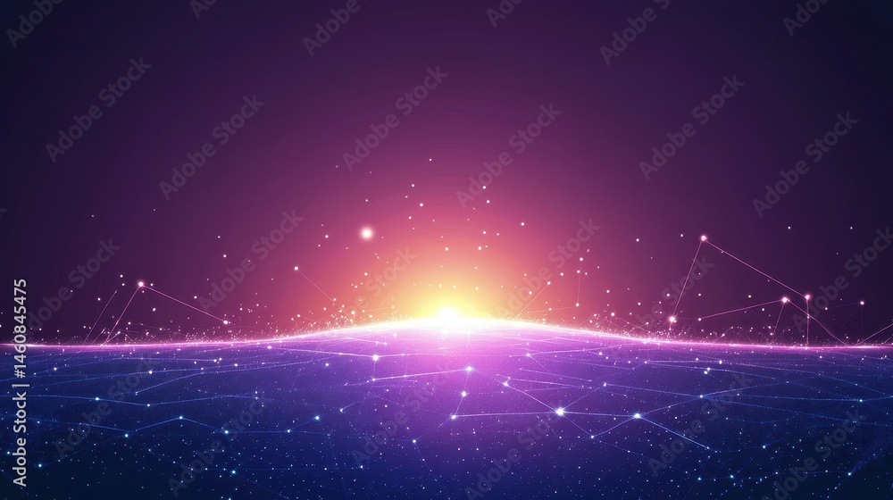 Poster abstract digital landscape with glowing horizon and connected dots in purple and blue tones sci-fi s