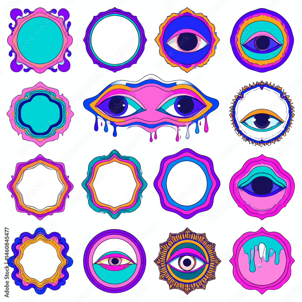 Poster psychedelic eye designs in vibrant colors a groovy collection of retro graphics for art and design p