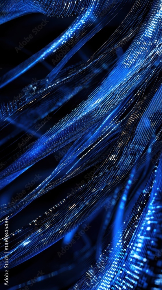 Poster Abstract blue light strands flowing in dark space macro shot texture background pattern wallpaper design concept technology