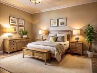 Drone View: Elegant Beige Bedroom Interior Design - Relaxing Space, Wooden Cabinet, Nightstand Lamp