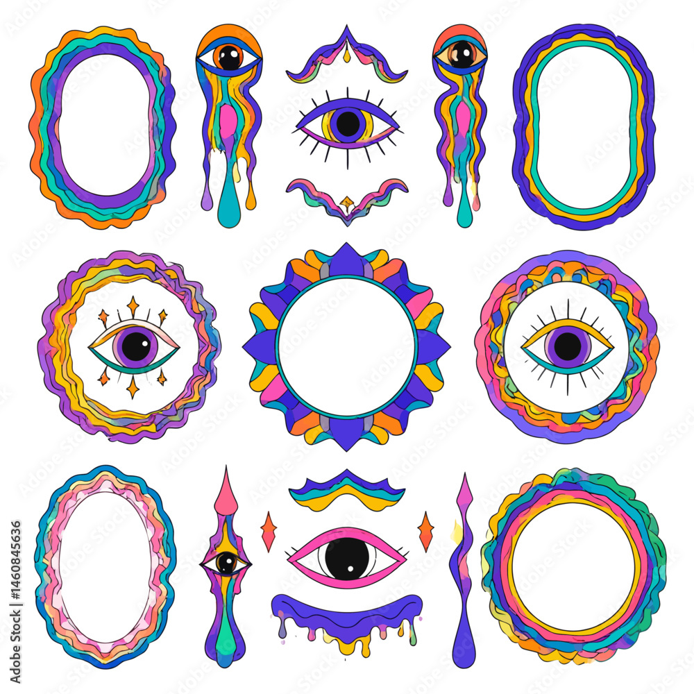 Poster psychedelic eye frames and borders collection for graphic design and artistic projects