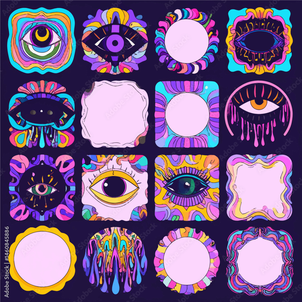 Poster psychedelic eye illustrations set with vibrant retro patterns and blank frames for customization