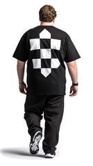 Black t-shirt with a checkerboard pattern on the back, worn by a person walking