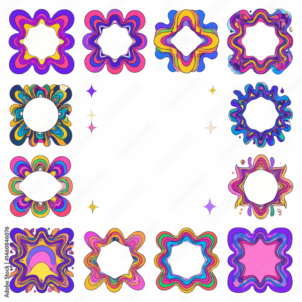 Poster psychedelic frame collection colorful retro design element with vibrant groovy borders and funky sha
