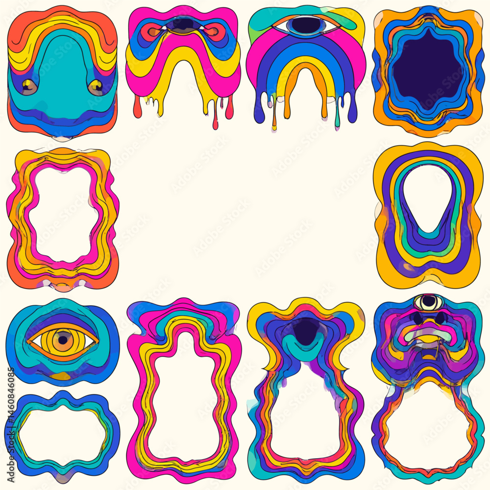 Poster psychedelic frame collection colorful trippy border templates for graphic design projects and creati