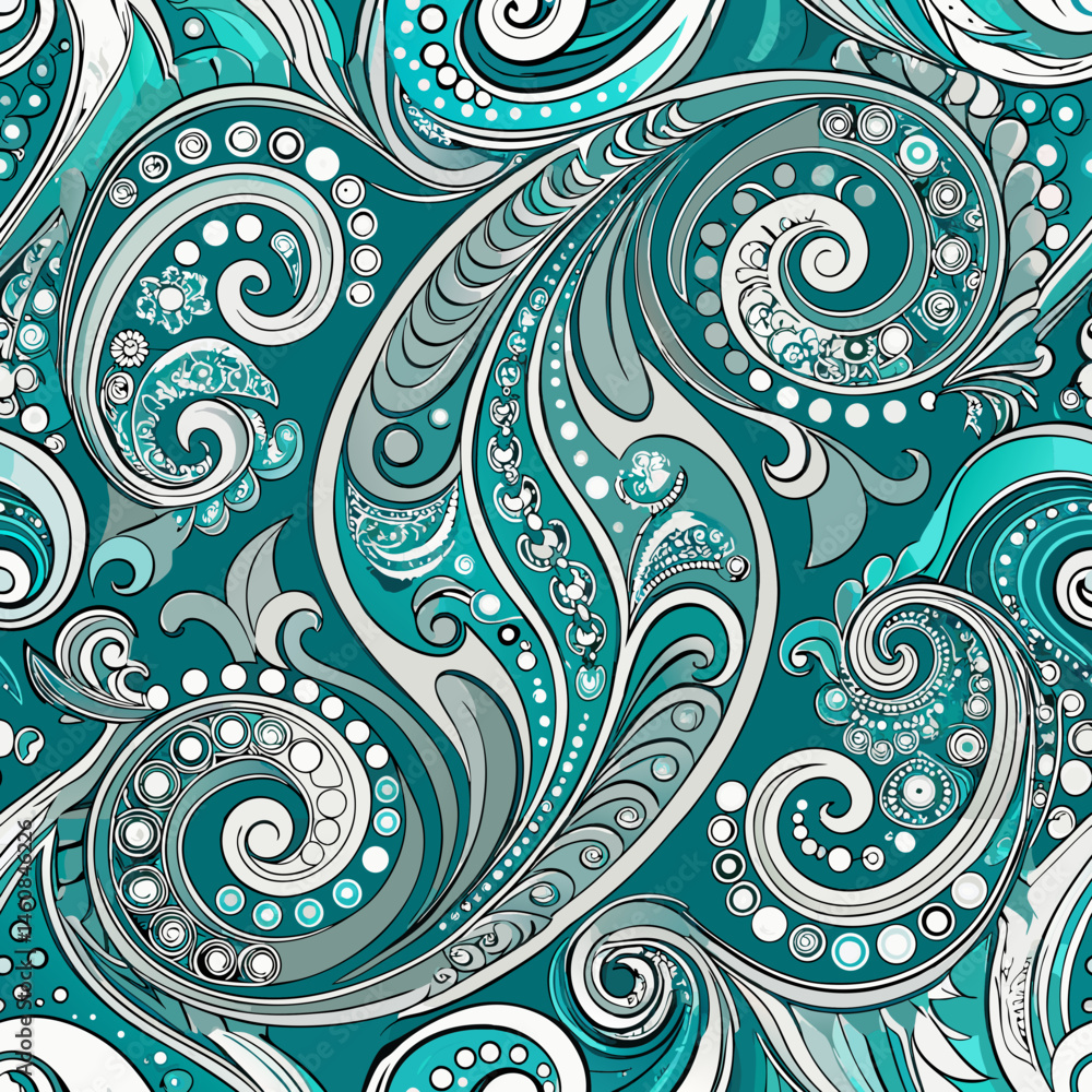 Poster elegant paisley seamless vector pattern with intricate swirls in teal and silver