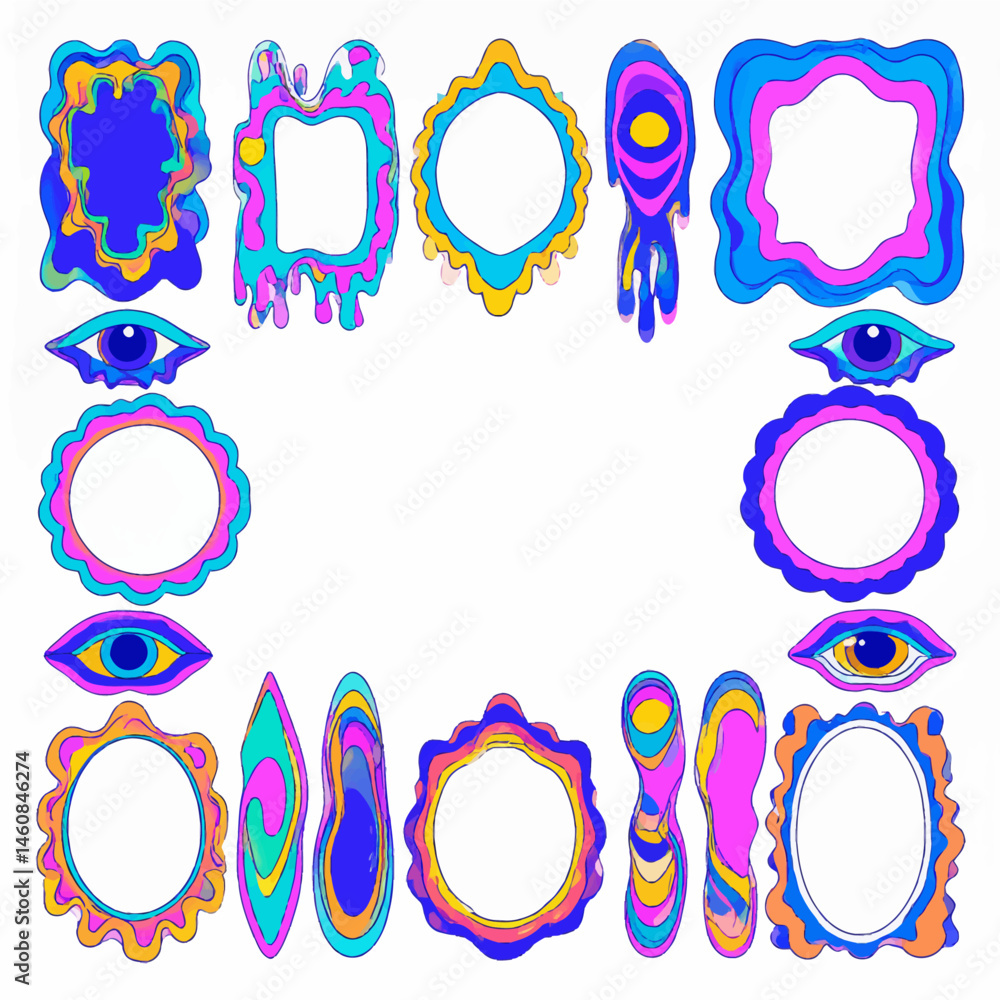 Poster psychedelic frame collection featuring retro 70s style designs and surreal eye illustrations for cre