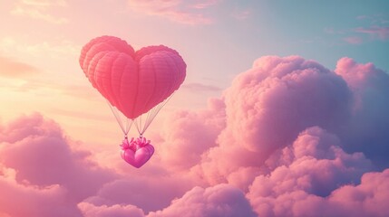 Fototapeta premium A Box flying on a parachute with pink cloud in valentine day,package flying down from sky and cloud with parachute, concept for delivery service,shopping online,air delivery service.