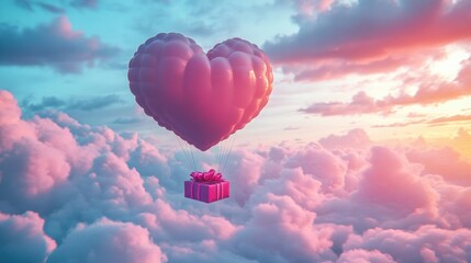 Fototapeta premium A Box flying on a parachute with pink cloud in valentine day,package flying down from sky and cloud with parachute, concept for delivery service,shopping online,air delivery service.