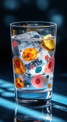 Colorful patterned glass tumbler filled with ice water and citrus slice.