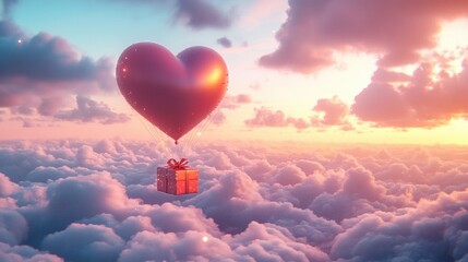 Fototapeta premium A Box flying on a parachute with pink cloud in valentine day,package flying down from sky and cloud with parachute, concept for delivery service,shopping online,air delivery service.