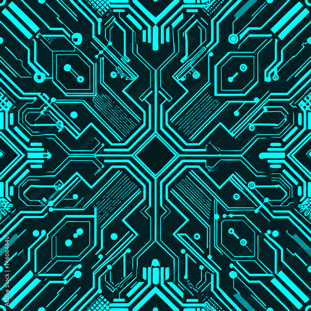 Poster futuristic neon blue circuit seamless vector pattern on dark background