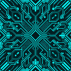 Futuristic neon blue circuit seamless vector pattern on dark background  