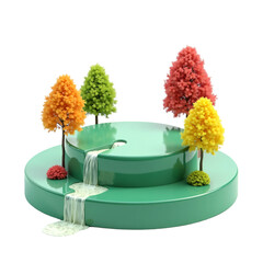 3d round green podium with trees and waterfall. Product display presentation with nature theme
