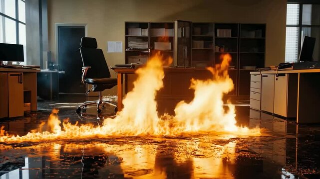 Fire erupts in office space and sprinkler system activates to extinguish flames, Fire Starts In Office And Sprinkler Extinguishes It