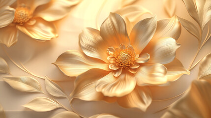Obraz premium Flower blooming in a background illustration petals, abstract luxurious background with golden ceramic flowers, Close-up of delicate golden flowers in full bloom with a soft and dreamy background.