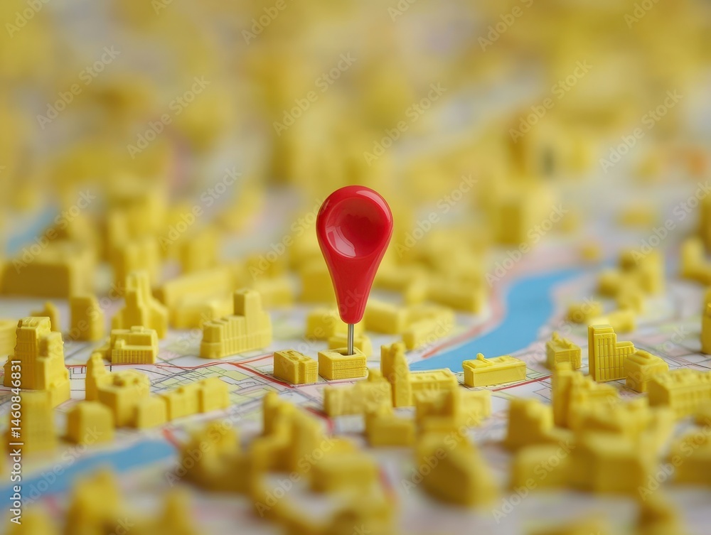 Poster red pin marks location on city map of yellow building models aerial view concept of navigation