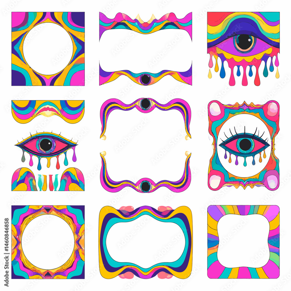 Poster psychedelic frame collection with colorful designs and retro vibes for creative projects