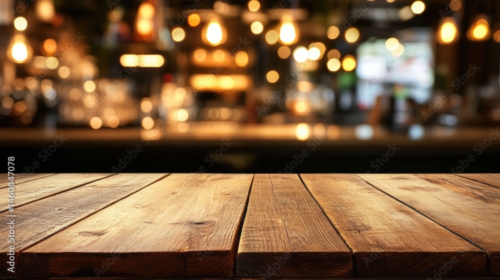 Aufkleber wooden table surface in front of blurred bar with bokeh lights background for product placement or p