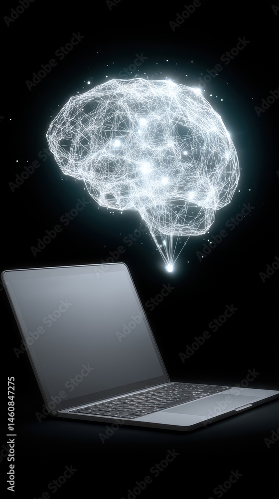 Poster laptop with holographic brain illustration for artificial intelligence concept in studio shot on bla